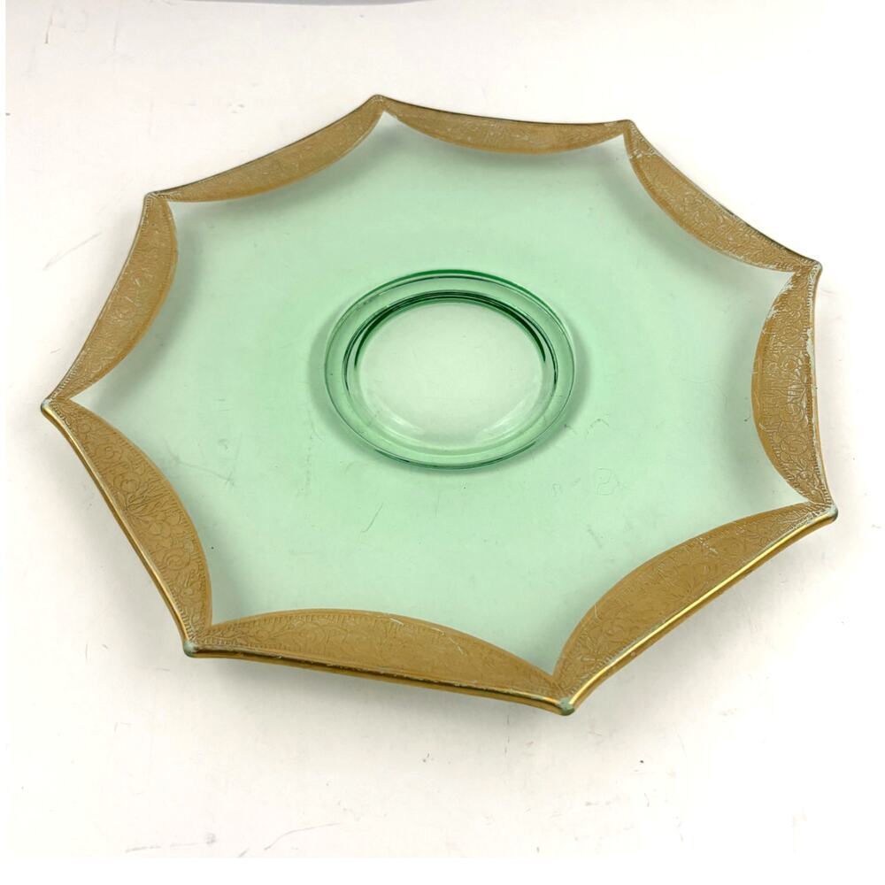 VTG‎ Green Depression Octagon Glass Plate Glassware Floral Gold Trim